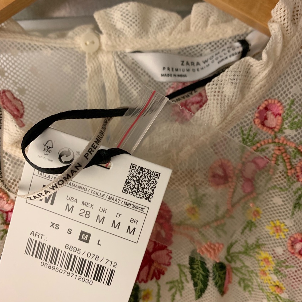 Zara cream white embroidered floral mesh lace ruffle top - Picture 3 of 4